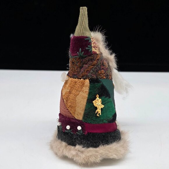 Handmade Fuzzy Santa Art Doll Multicolor Patchwork Design Gold utton Accents - Picture 4 of 8